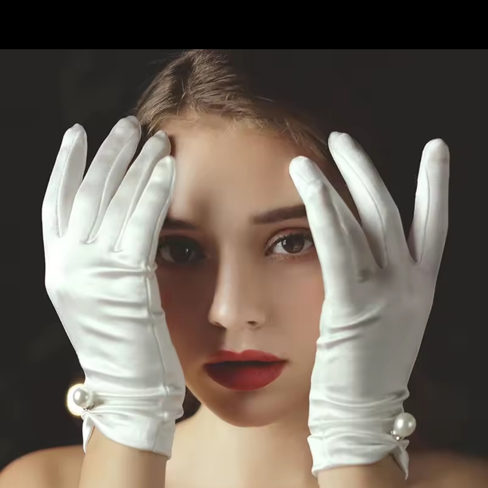 Elegant creamy white Satin Gloves with Pearl Detail